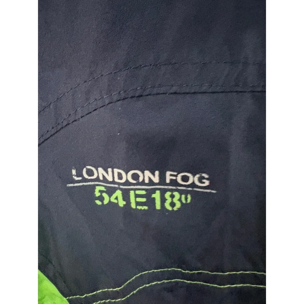 London Fog Boys Navy Blue Neon Green Hooded Windbreaker Jacket Size M 5-6